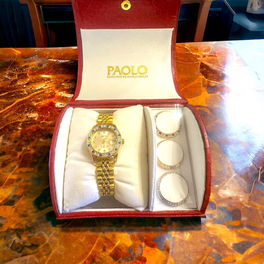 New Authentic Paolo Gucci Watch set with 3 interchangeable Screw on Bezels